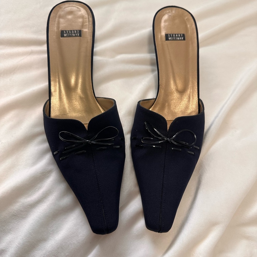Stuart Weitzman Black and Gold Mules with Bow